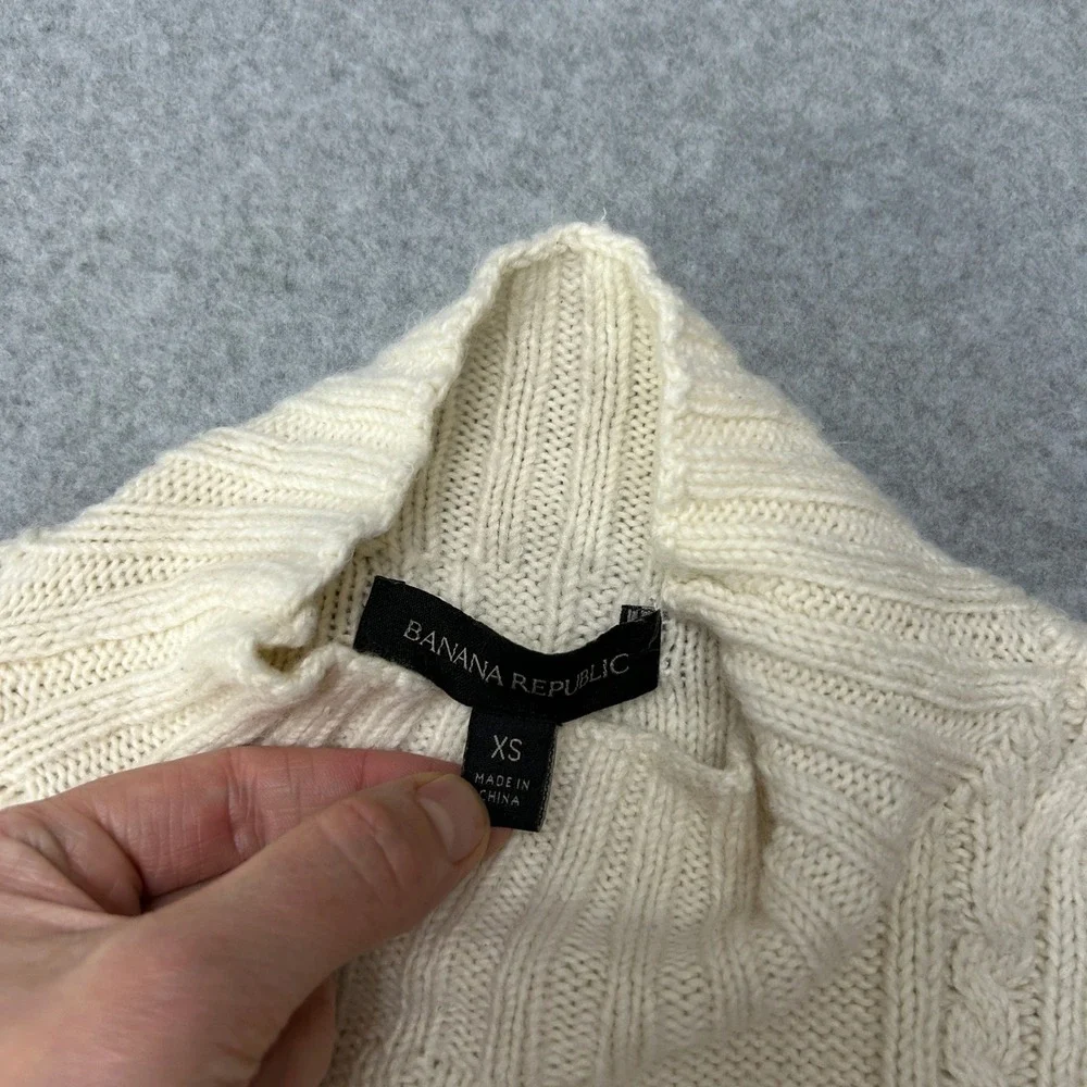 Banana Republic Womens XS Cable Knit Mockneck Sweater Cream Ivory‎ Cotton Blend